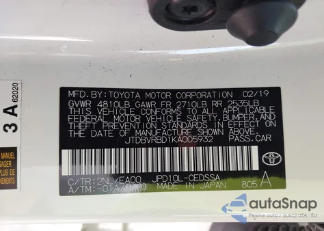 2019 Toyota Mirai from USA, damaged, VIN JTDBVRBD1KA005932